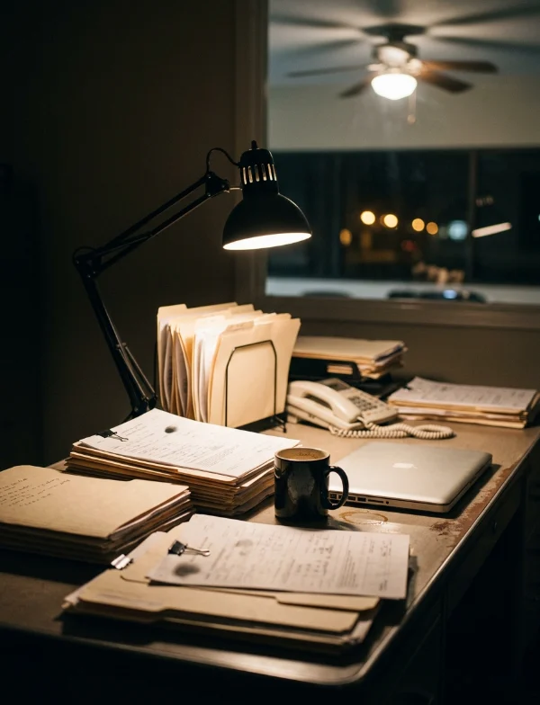 Stacks of manila case files and a cold cup of coffee under a black desk lamp in a dark office at night. Not the actual police office.