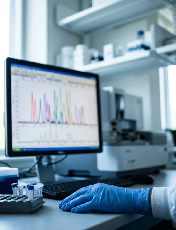 A blue-gloved hand beside a rack of sample tubes in front of a monitor showing colorful DNA analysis peaks in a laboratory. Not the actual laboratory.