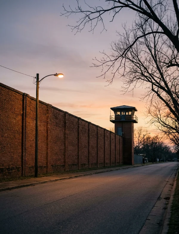 A long red-brick prison wall and a corner guard tower along an empty street at winter dusk, under bare trees and a single streetlight. Not the actual prison.