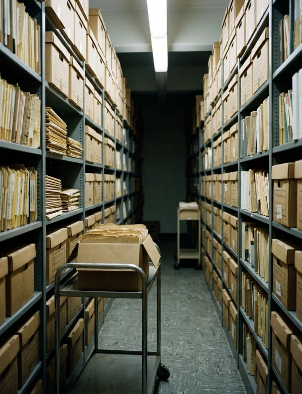 A long aisle of grey steel shelving packed with aging archive boxes and folders, one open box on a cart, under a single fluorescent tube. Not a real case archive.