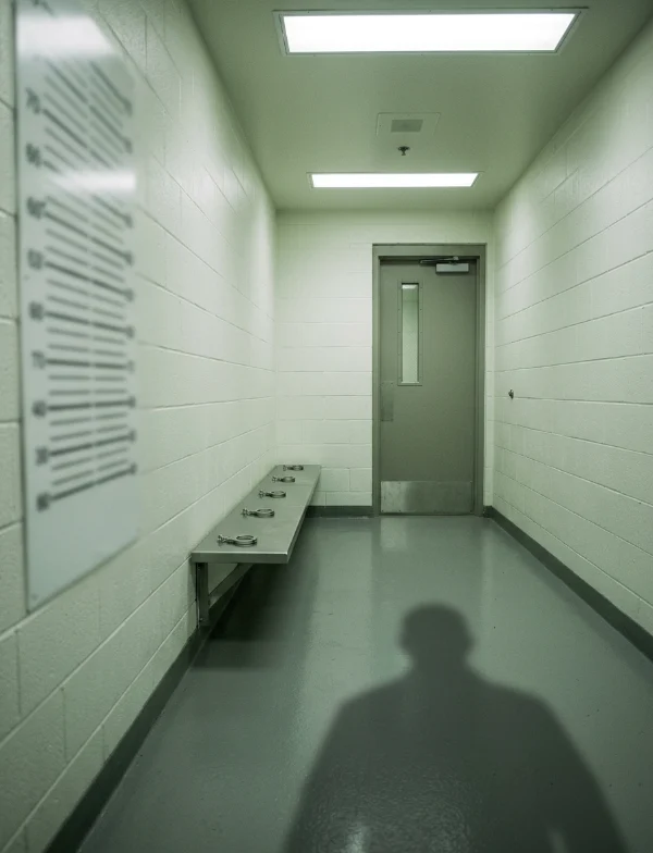 An empty police booking corridor with a grey epoxy floor, white cinderblock walls, a steel bench and a heavy door at the end, under harsh fluorescent light. Not the actual jail.