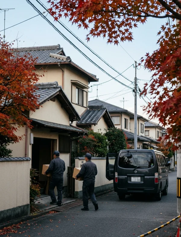 Two investigators seen from behind carry cardboard boxes out of a two-storey Japanese house under red autumn maples, with a dark van waiting in the lane. Not the actual house.