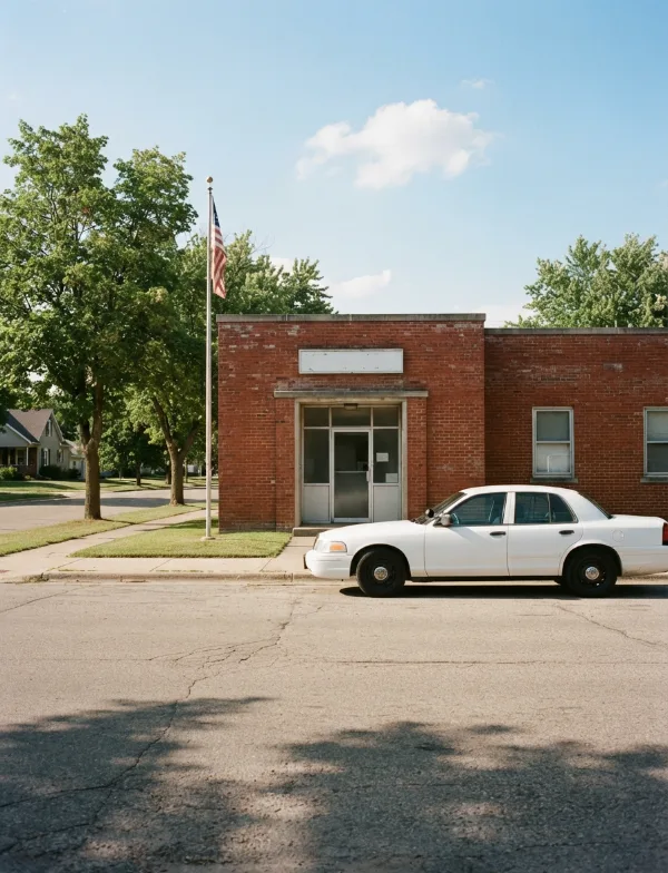 Illustration: small-town brick police station exterior with patrol car