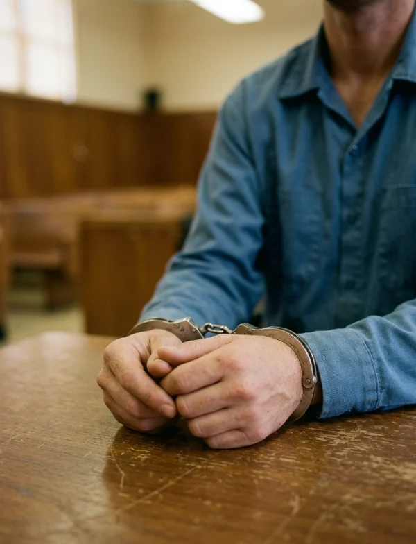 Illustration of handcuffed hands resting on a scuffed wooden courtroom table, the figure cropped at the chest. Not the actual defendant or courtroom.