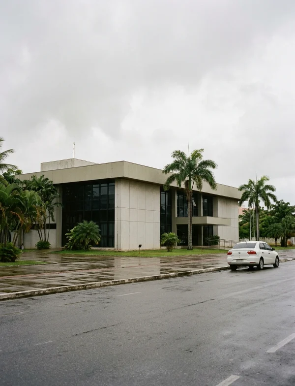 Illustration of a courthouse exterior in northeastern Brazil on a humid afternoon. Not the actual court in Maceió.