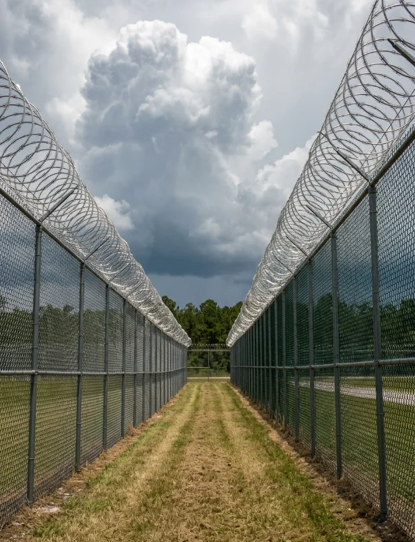 Illustration of a grassy corridor between two razor-wire prison fences under a building storm. Not the actual prison.
