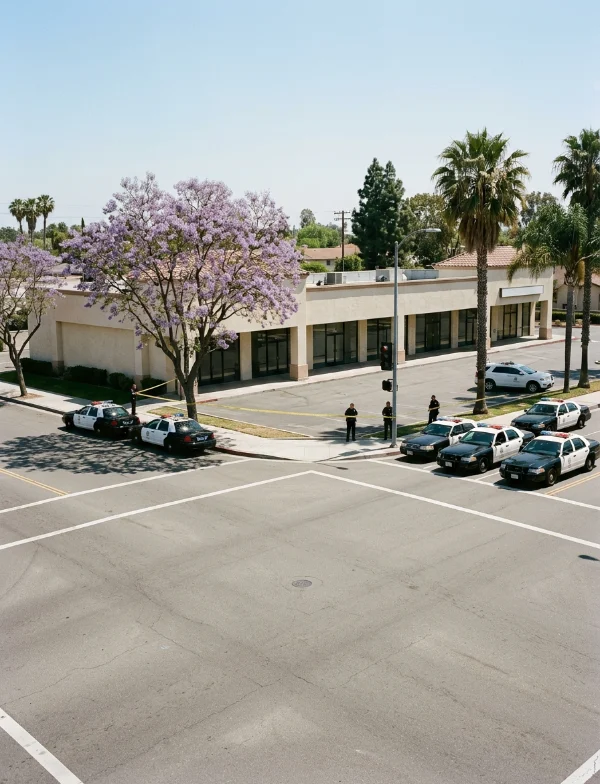 Illustration of police cars and crime-scene tape outside a Southern California strip mall at an intersection. Not the actual location.