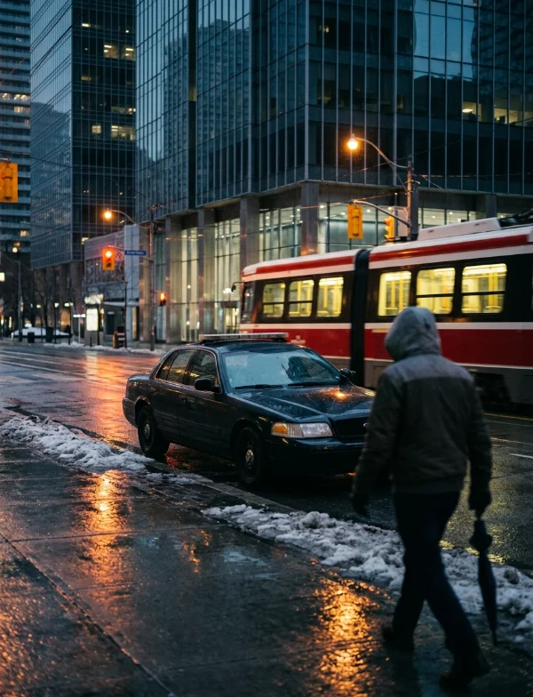 Illustration of an unmarked police car on a wet downtown Toronto street at dusk, with a streetcar passing. Not an actual scene from the case.