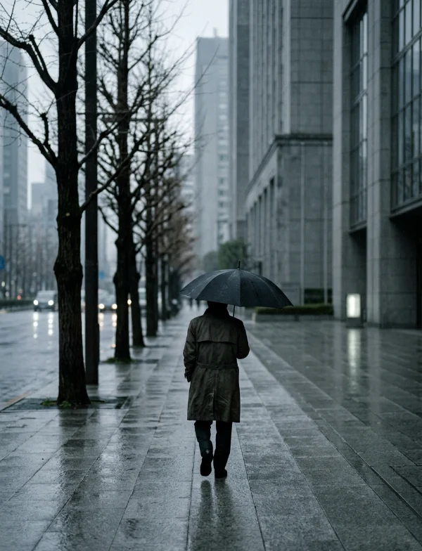 Illustration of a figure with an umbrella walking along a rain-soaked street between government buildings in central Tokyo. Not an actual scene from the case.