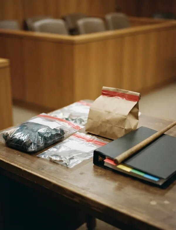 Illustration: courtroom exhibit table with sealed bags and binders