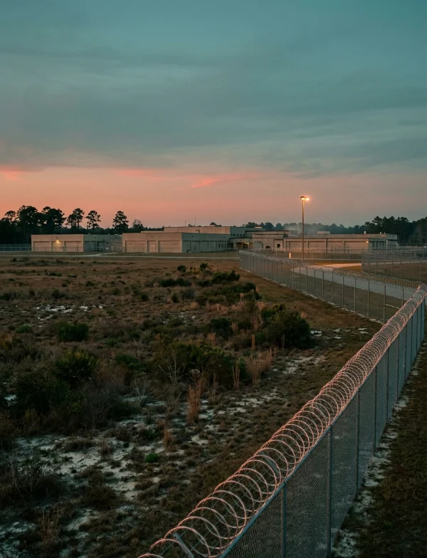 Illustration of a fenced prison compound under a pink winter dusk sky, with razor wire in the foreground. Not the actual prison.