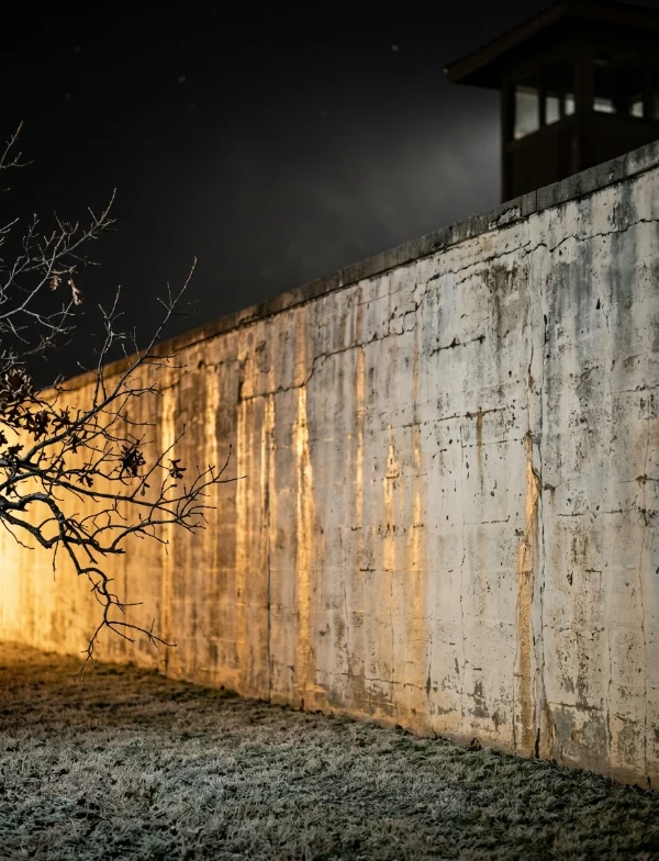 Illustration of a floodlit concrete prison wall and guard tower on a frosty December night. Not the actual prison.