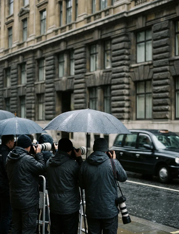 Illustration of press photographers under umbrellas outside a stone London courthouse in the rain. Not an actual scene from the case.