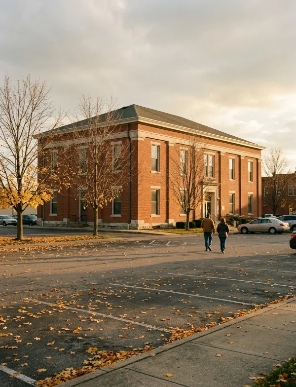 Illustration of a red-brick small-town courthouse on a fall afternoon, with bare trees and leaves in the parking lot. Not the actual courthouse.