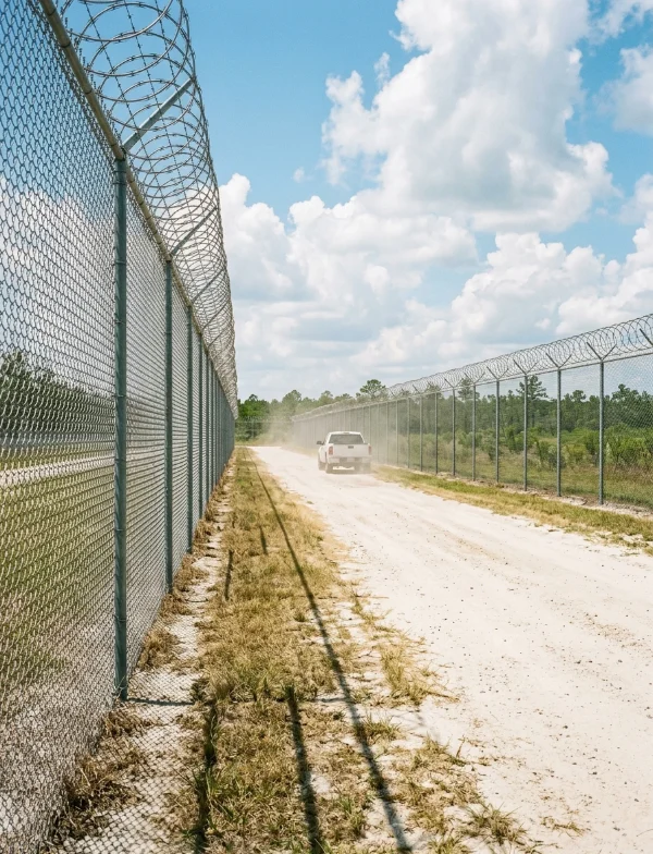 Illustration of a sandy road running beside a tall razor-wire prison fence under a hot summer sky. Not the actual prison.