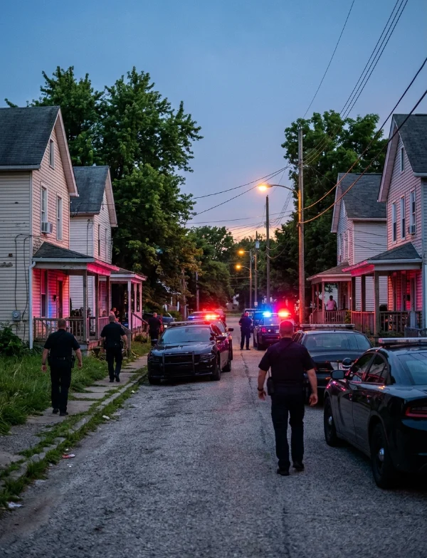 Illustration of police cars with flashing lights on a narrow residential street of older wooden houses at dusk. Not an actual scene from the case.