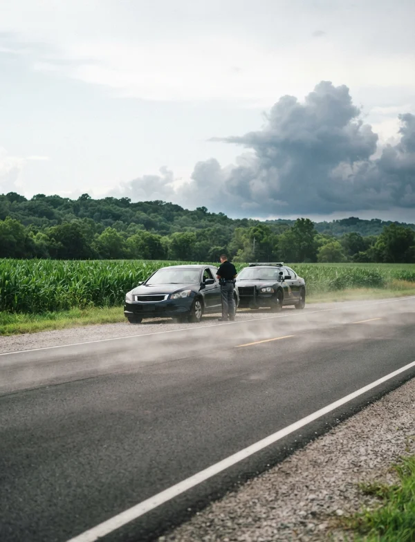 Illustration of a traffic stop on a rural highway beside a cornfield, with two cars pulled onto the shoulder. Not an actual scene from the case.