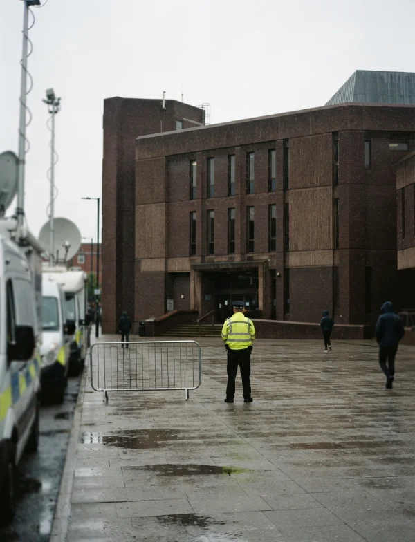 Illustration of a brick crown court building in the rain, with a police officer in a high-visibility jacket and media vans outside. Not the actual court.