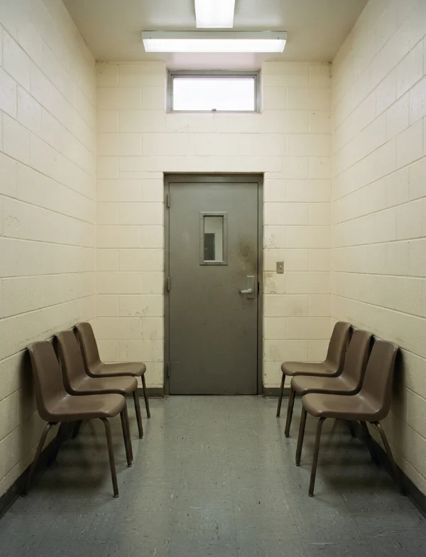 Illustration of an empty waiting room with rows of chairs facing a closed steel door. Not the actual prison.