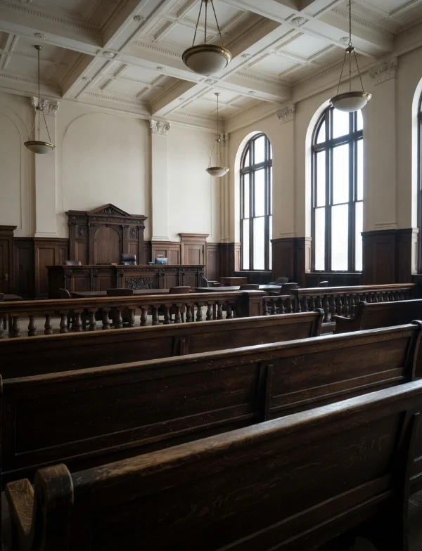 Illustration of an empty courtroom with dark wooden benches, tall arched windows and pendant lights. Not the actual courtroom.