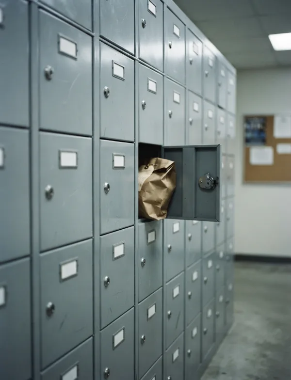 Illustration: wall of numbered-blank steel evidence lockers
