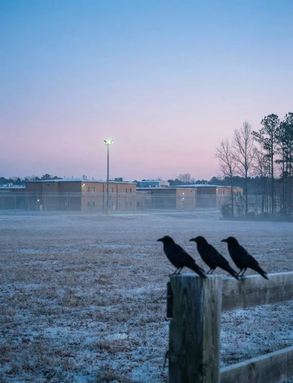 Illustration of three crows on a fence post in a frosty field in front of a low prison complex at dawn. Not the actual prison.
