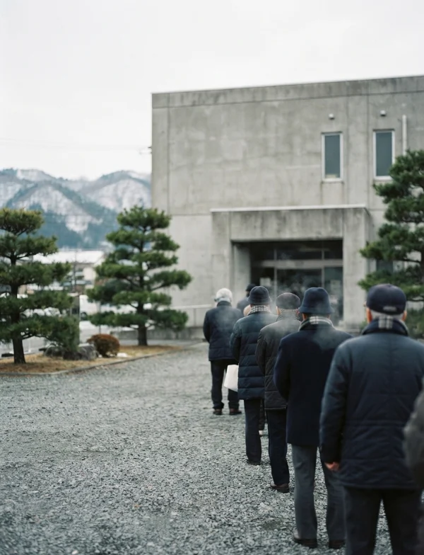 Illustration of people queuing in winter coats outside a plain concrete courthouse, with pine trees and snowy mountains behind. Not the actual court.