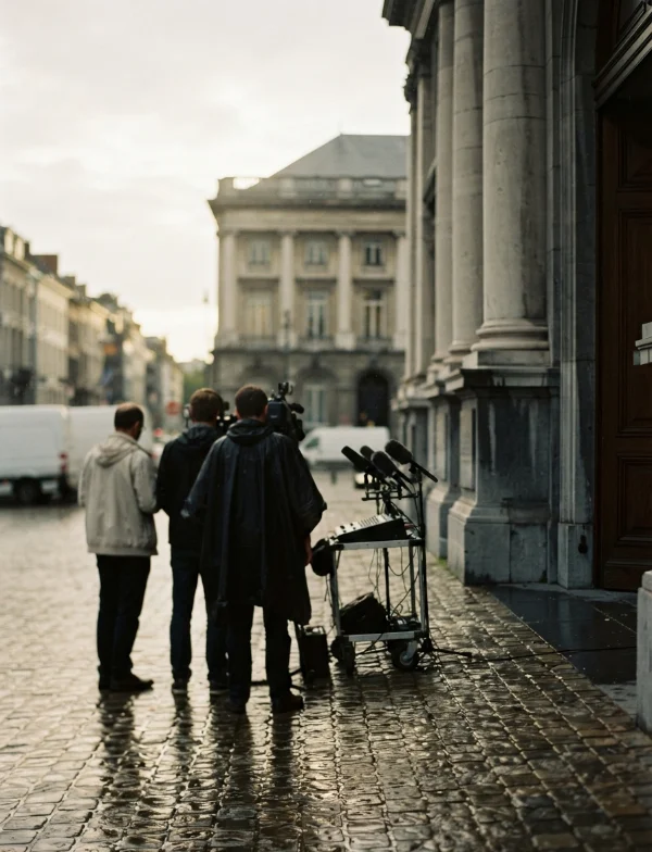 Illustration of a camera crew waiting on wet cobblestones outside a columned European court building. Not an actual scene from the case.