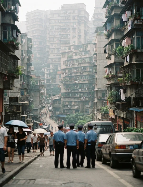 Illustration of police officers standing in a crowded street between tall, hazy tower blocks in a Chinese city. Not an actual scene from the case.