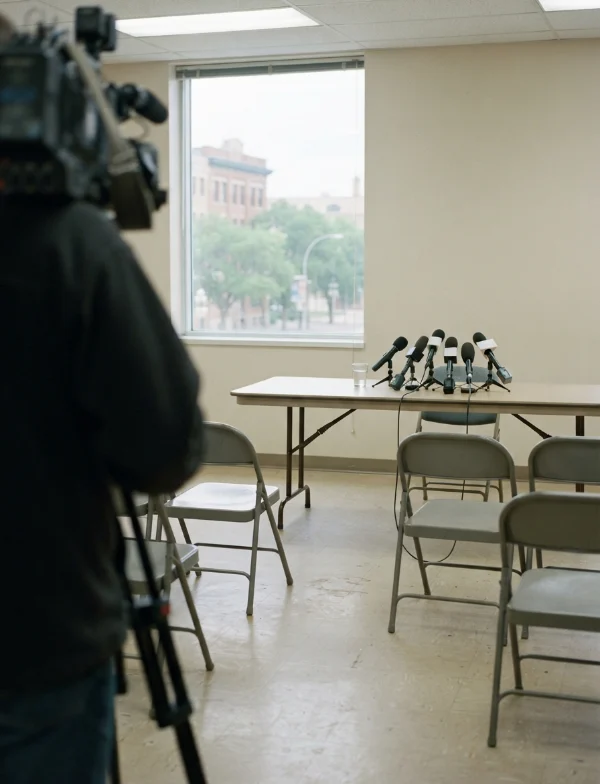 Illustration of an empty police press-briefing room with microphones on a table and a television camera in the foreground. Not an actual scene from the case.