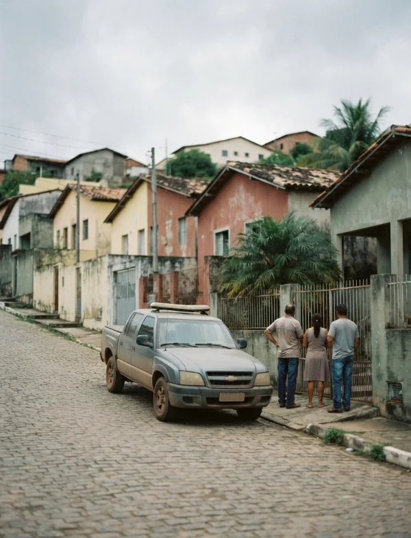 Illustration of a cobbled street of pastel houses in a Brazilian hill town, with a pickup truck and people seen from behind. Not an actual scene from the case.
