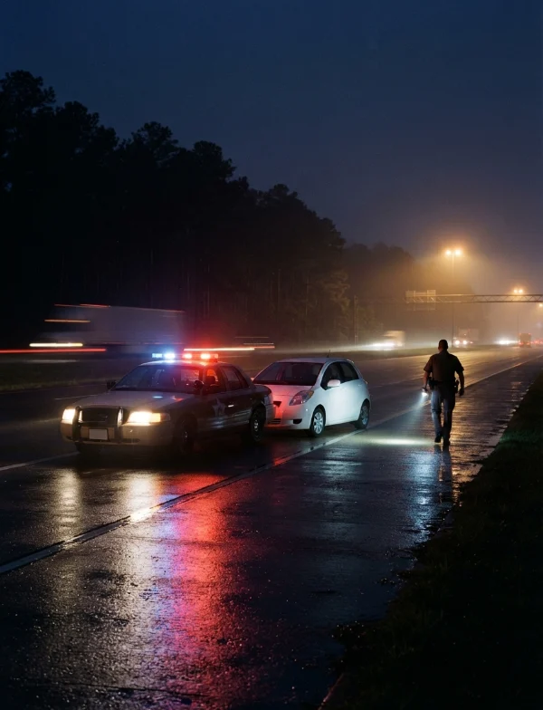 Illustration of a patrol car with flashing lights stopped behind a white car on a wet highway at night, a trooper walking up. Not an actual scene from the case.