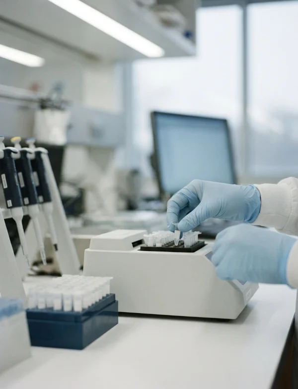 Illustration of gloved hands loading sample tubes into a machine on a laboratory bench. Not an actual scene from the case.