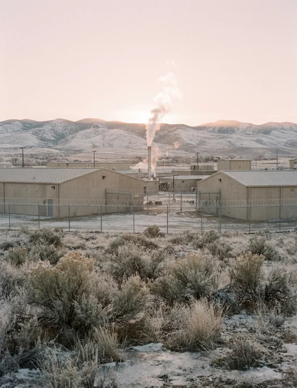 Illustration of a low prison complex in high-desert sagebrush at a pink winter dawn, with steam rising and mountains behind. Not the actual prison.