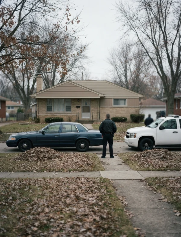 Illustration of an unmarked police car and an officer outside a small suburban house on a gray late-autumn day. Not an actual scene from the case.