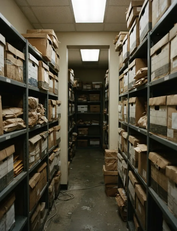 Illustration: narrow aisle of evidence shelving with boxes and paper bags