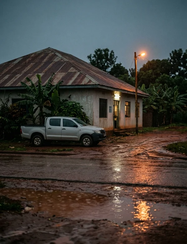 Illustration of a small single-storey police station on a rainy night, with a parked pickup on a wet red-earth road. Not an actual scene from the case.