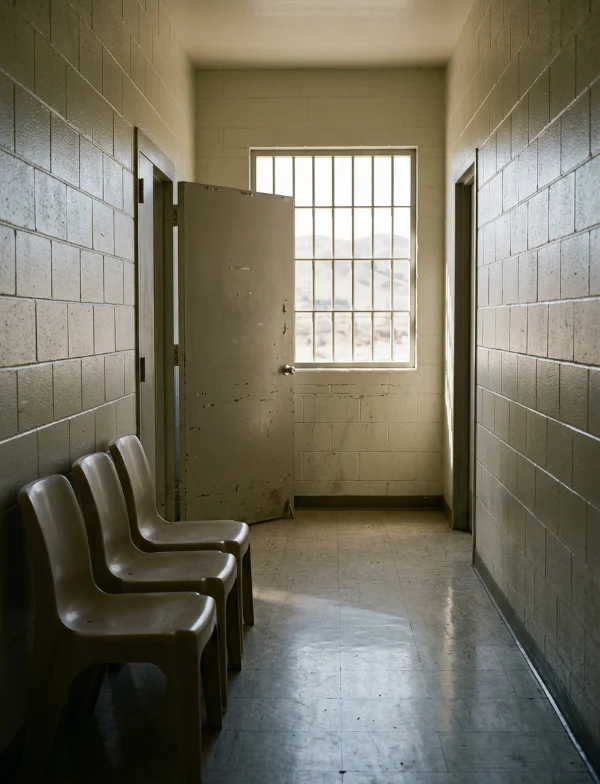 Illustration of an empty prison administration corridor with plastic chairs outside a closed hearing-room door and a barred window. Not an actual scene from the case.