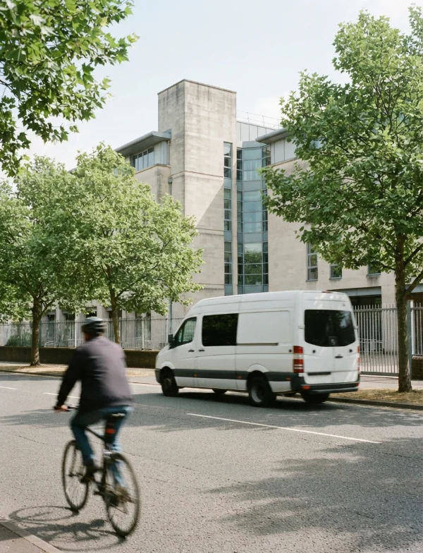 Illustration of a modern English crown court building on a summer day, with a white van and a cyclist passing. Not an actual scene from the case.