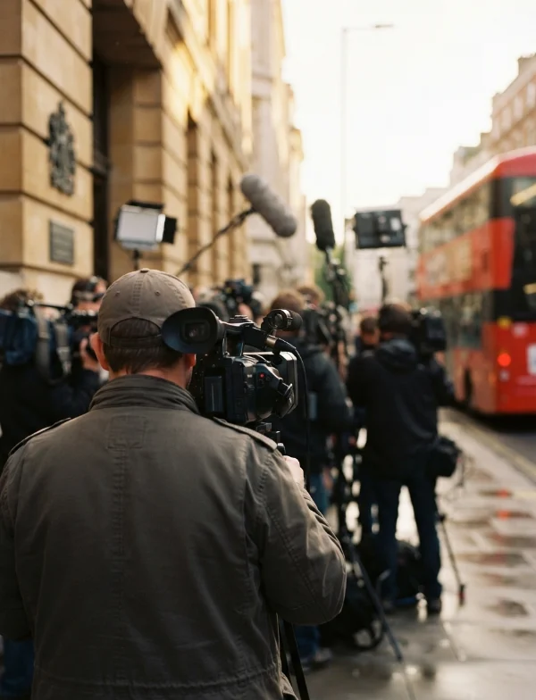 Illustration of television camera crews gathered outside a London court building on a summer evening, with a red double-decker bus passing. Not an actual scene from the case.