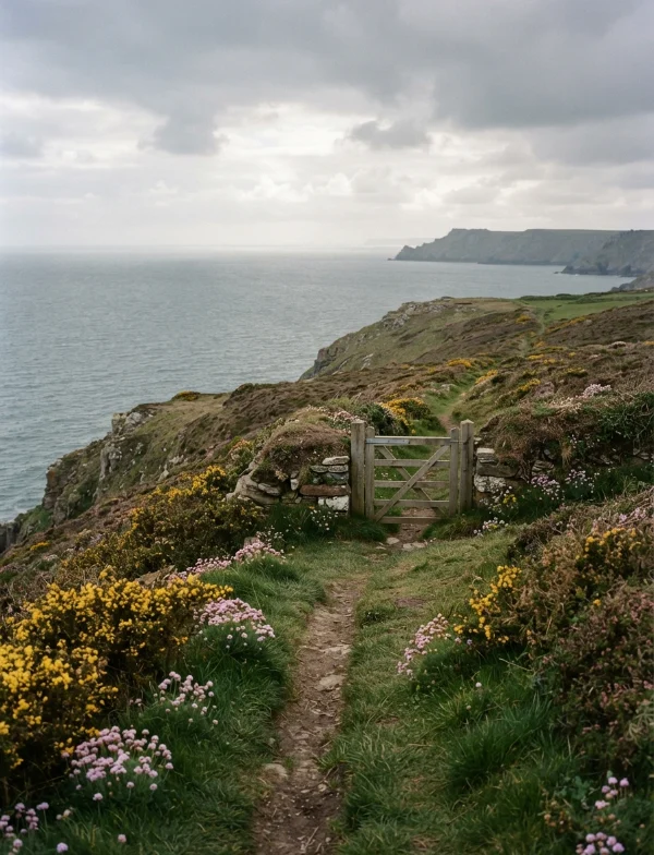 Illustration of a coastal footpath and wooden gate above the sea on a gray day in west Wales. Not an actual scene from the case.