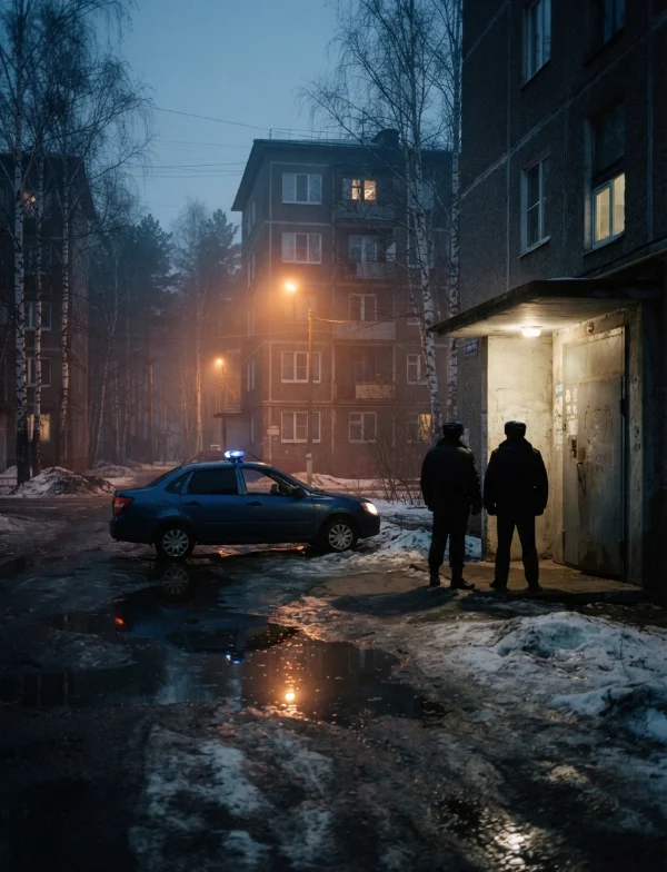 Illustration of a police car and two officers outside Soviet-era apartment blocks on a thawing spring night. Not an actual scene from the case.