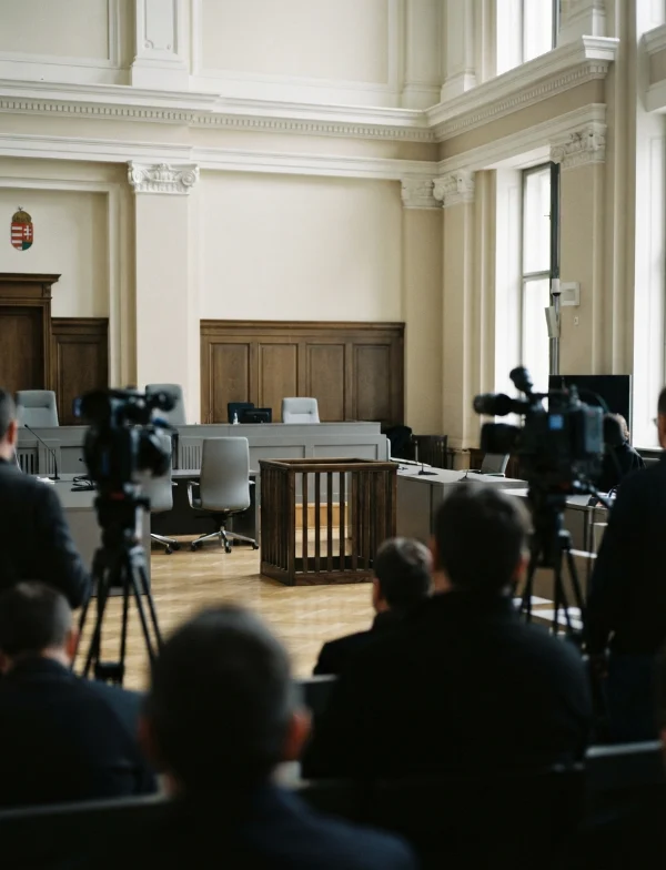 Illustration of a Hungarian courtroom with an empty dock and press cameras before a hearing. Not an actual scene from the case.