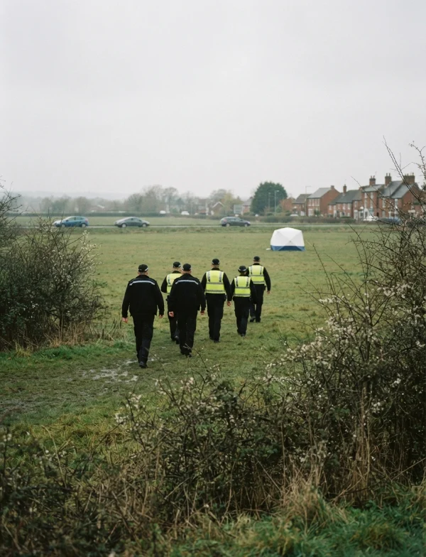 Illustration of police officers walking across an English field toward a white forensic tent on a gray day. Not an actual scene from the case.