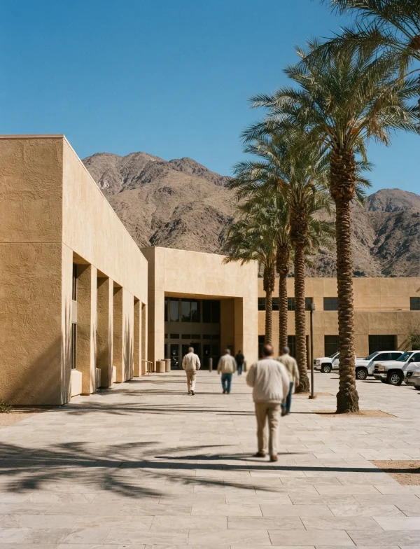 Illustration of a desert courthouse with palm trees and mountains on a clear spring day, people walking toward the entrance. Not an actual scene from the case.