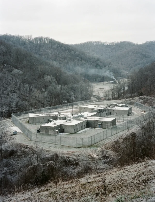 Illustration of a fenced prison complex in wooded hills on a frosty winter morning. Not an actual scene from the case.