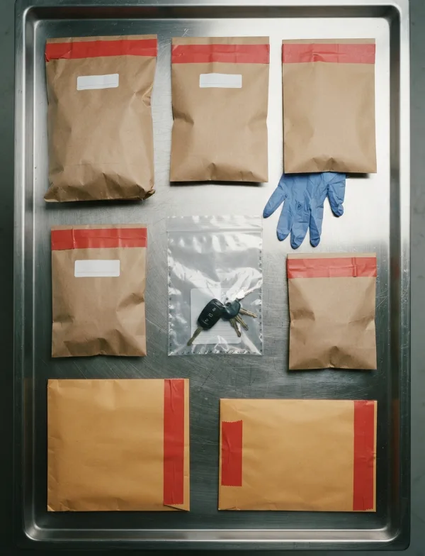 Illustration: sealed brown paper evidence bags and envelopes on a table