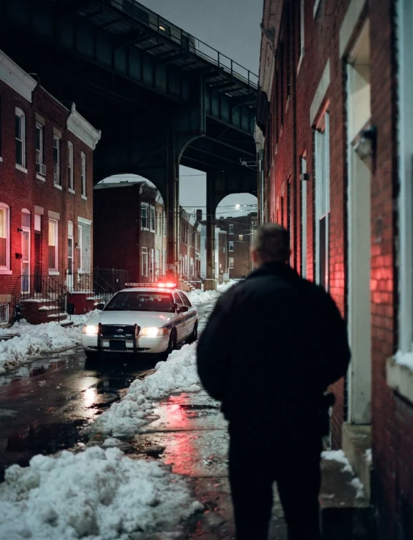 Illustration of a police car on a snowy Philadelphia rowhouse street under an elevated train line at night. Not an actual scene from the case.