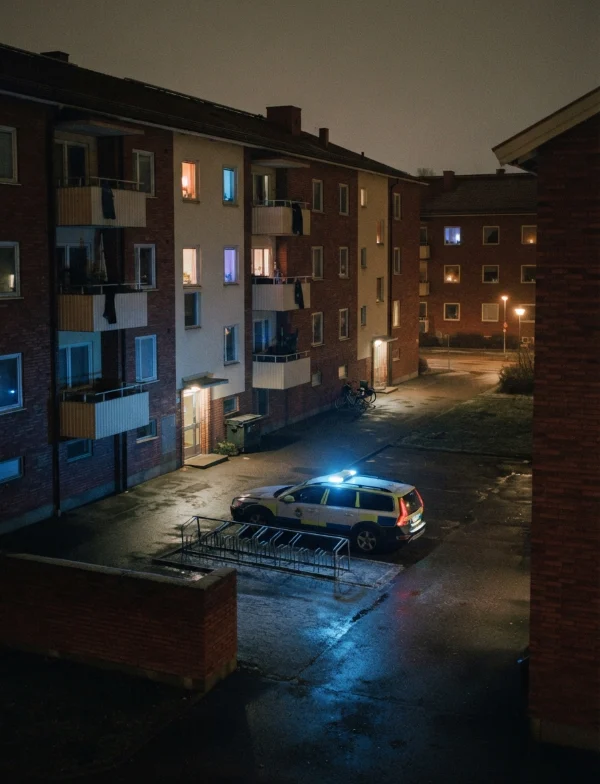Illustration of a Swedish police car parked outside brick apartment blocks at night. Not an actual scene from the case.