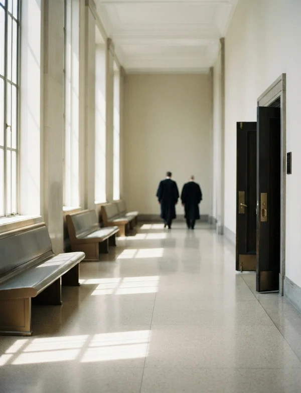 Illustration of two robed lawyers walking down a bright marble court hallway lined with benches. Not an actual scene from the case.